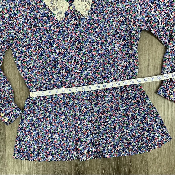 Vintage 80’s Blue Multi-Print Pleated Peplum Button-Up Blouse with Lace Collar - Picture 12 of 13